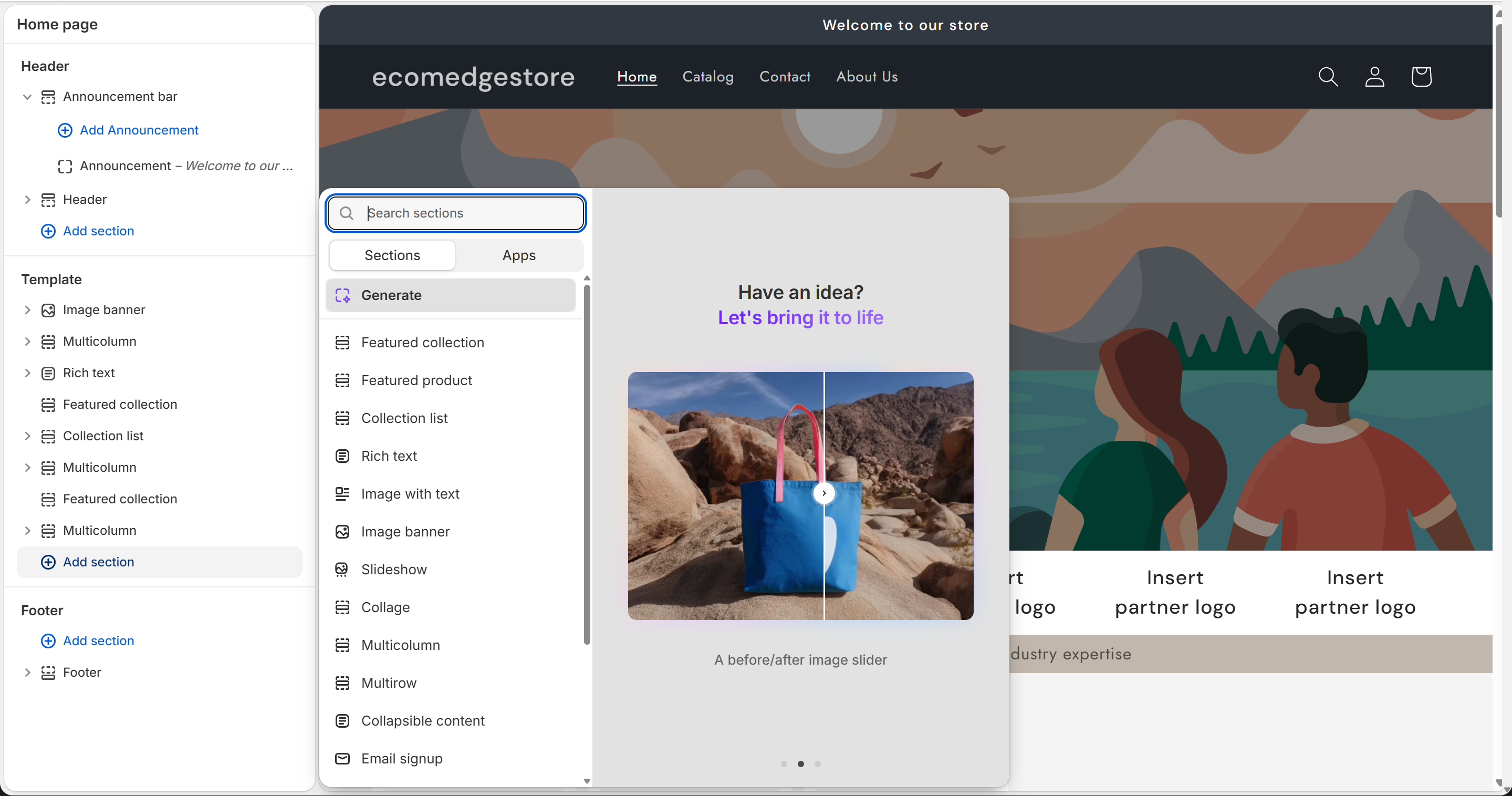 Add section modal — all available sections + AI generate